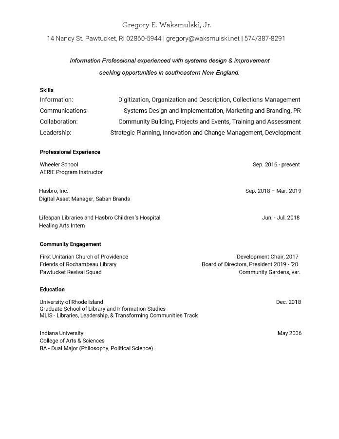 G.E. Waksmulski's CV in b&w text